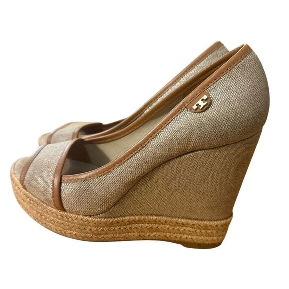 Tory Burch Majorca Linen Open Toe Wedge Heel Size 37 - Picture 2 of 11